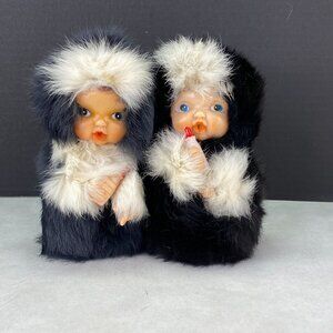 Vintage Rubber Head Hands in Black White Fur Bottle Baby Eskimo Doll Lot of 2